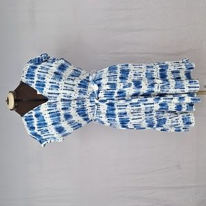 GAP Blue/White Tie Dye Gauzy V-Neck Cap Sleeve Midi Dress w Waist Tie  L